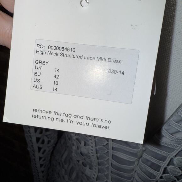 Misguided NWT High Neck Structured Lace Midi Dress Grey Sz 10 Body Con Cutout - Picture 12 of 16